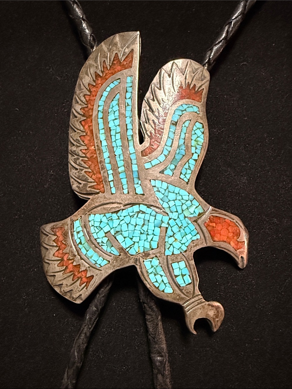 Native Turquoise & Red Coral Eagle Inlay Bolo Tie - Artist signed!! Sterling